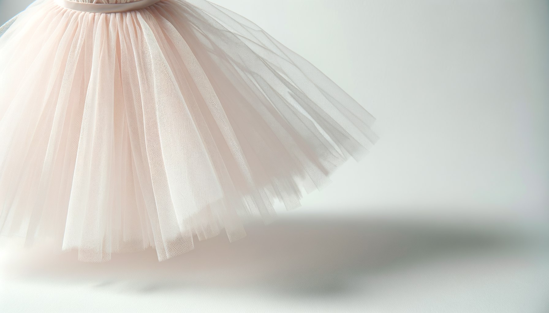 Close-up of a light pink tulle tutu skirt, showing multiple layers of sheer fabric with pleats, hanging against a plain white background.