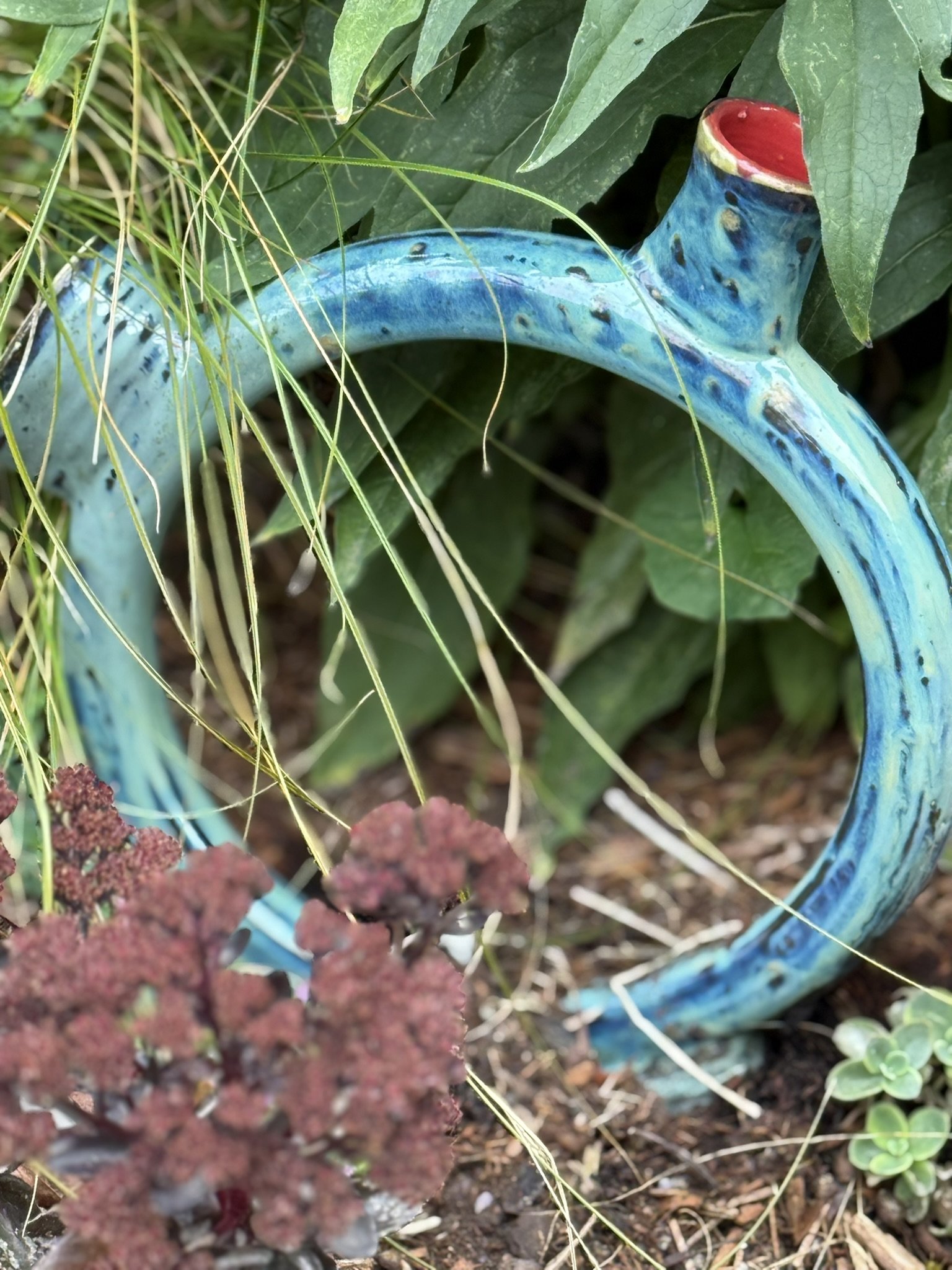 A blue ceramic garden ornament shaped like a horseshoe with a red opening at the top, surrounded by green leaves, brown soil, and some reddish-brown plants and small succulents.