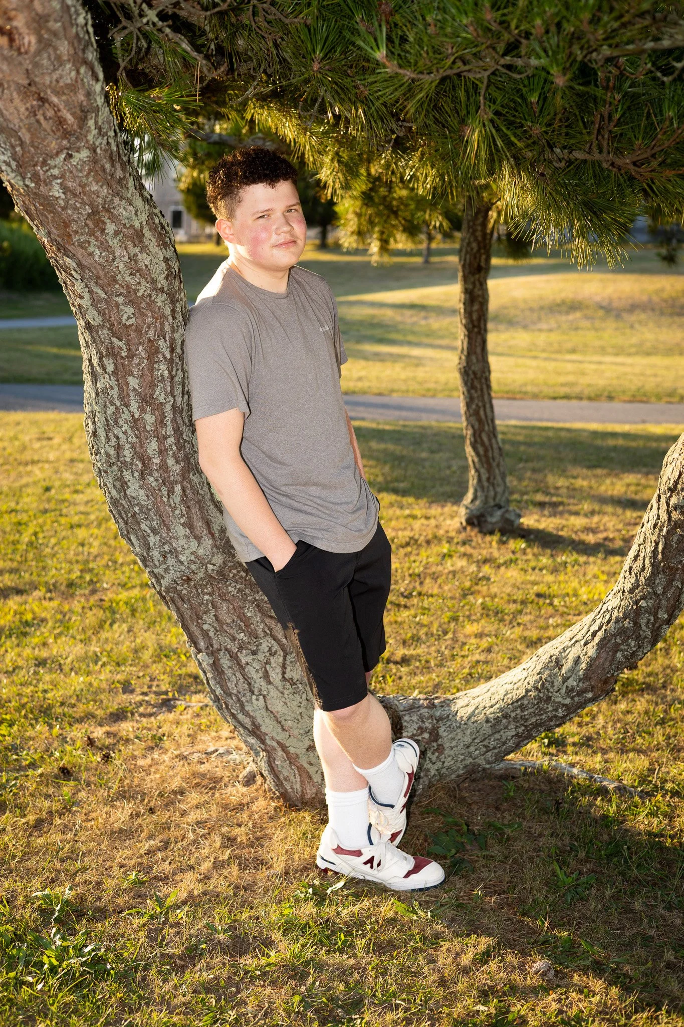 A male teen with curly hair leaning against a tree in a park during late afternoon or early evening. He is wearing a gray t-shirt, black shorts, white socks, and sneakers. The sunlight filters through the pine tree branches above, illuminating the sc