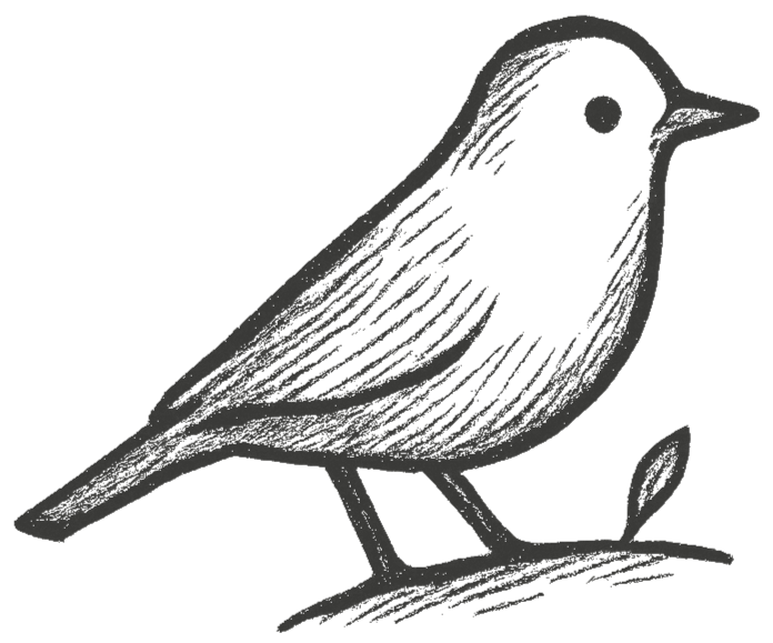 Black and white illustration of a small bird perched on a branch with a leaf.