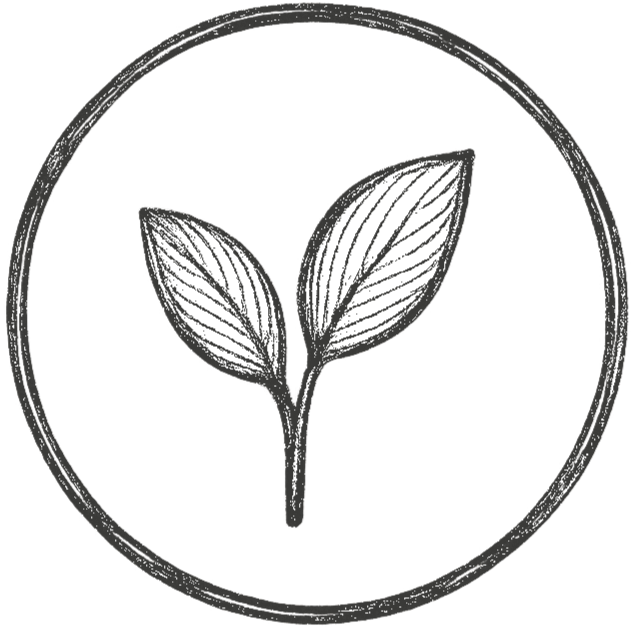 Black and white illustration of a pair of leaves in a circle