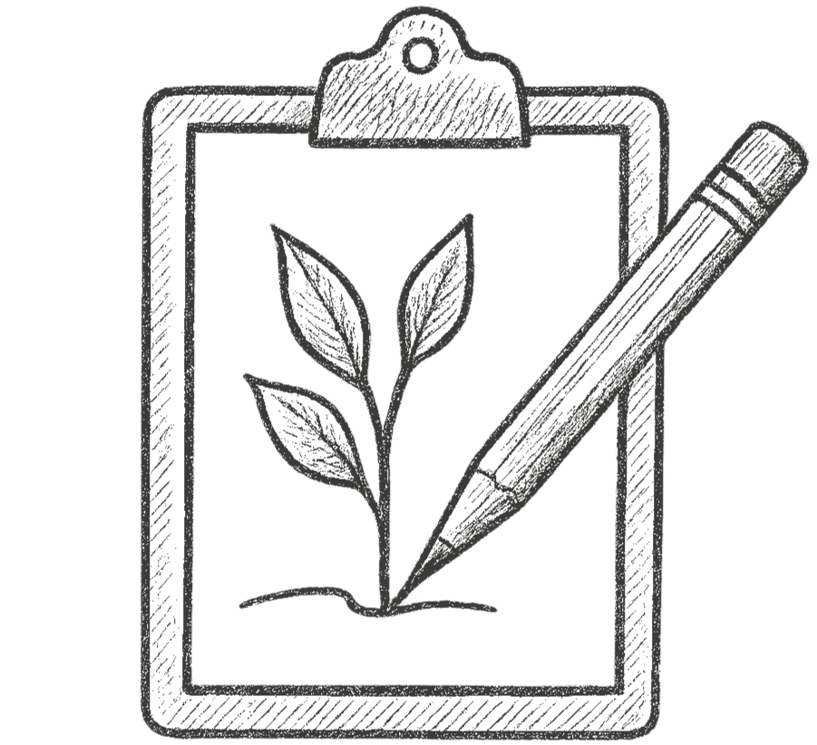 Black and white illustration of a clipboard with a pencil drawing a plant on a piece of paper