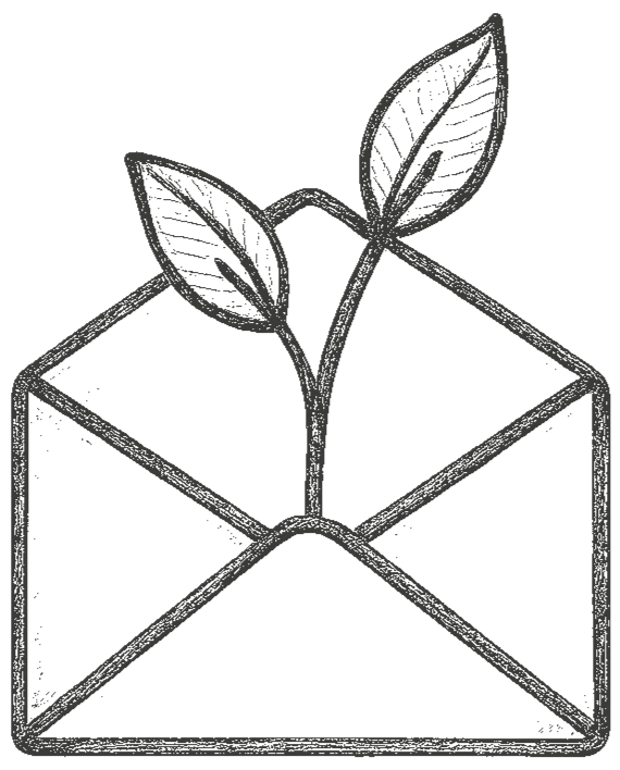 Black and white illustration of an open envelope with two leaves coming out.