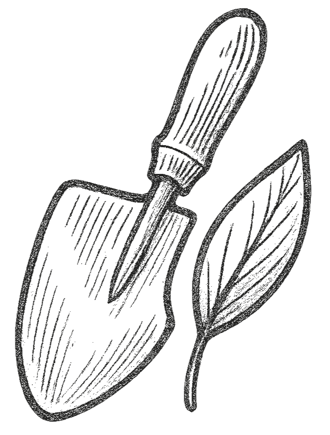 Black and white illustration of a trowel with a leaf.