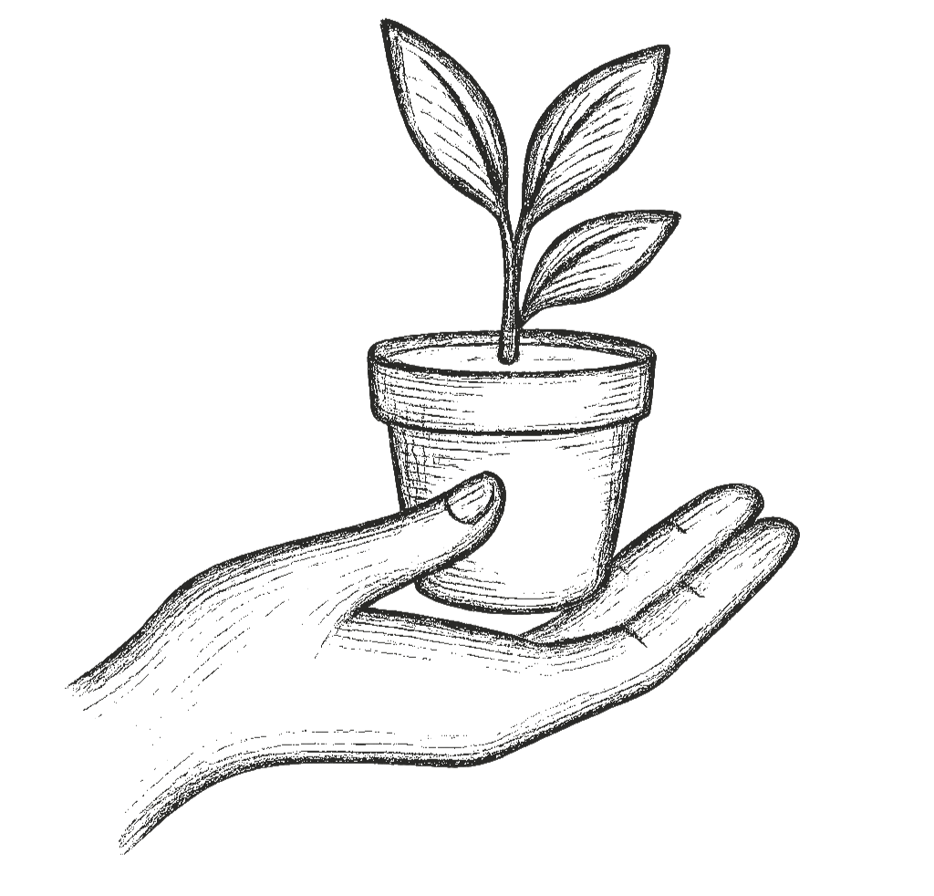 Black and white illustration of a hand holding out a small potted plant with three leaves