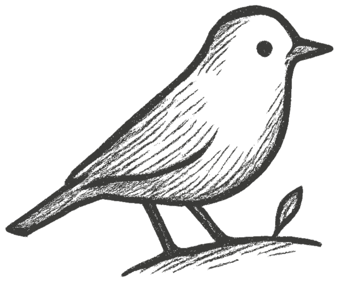 Black and white illustration of a small bird perched on a branch with a leaf.