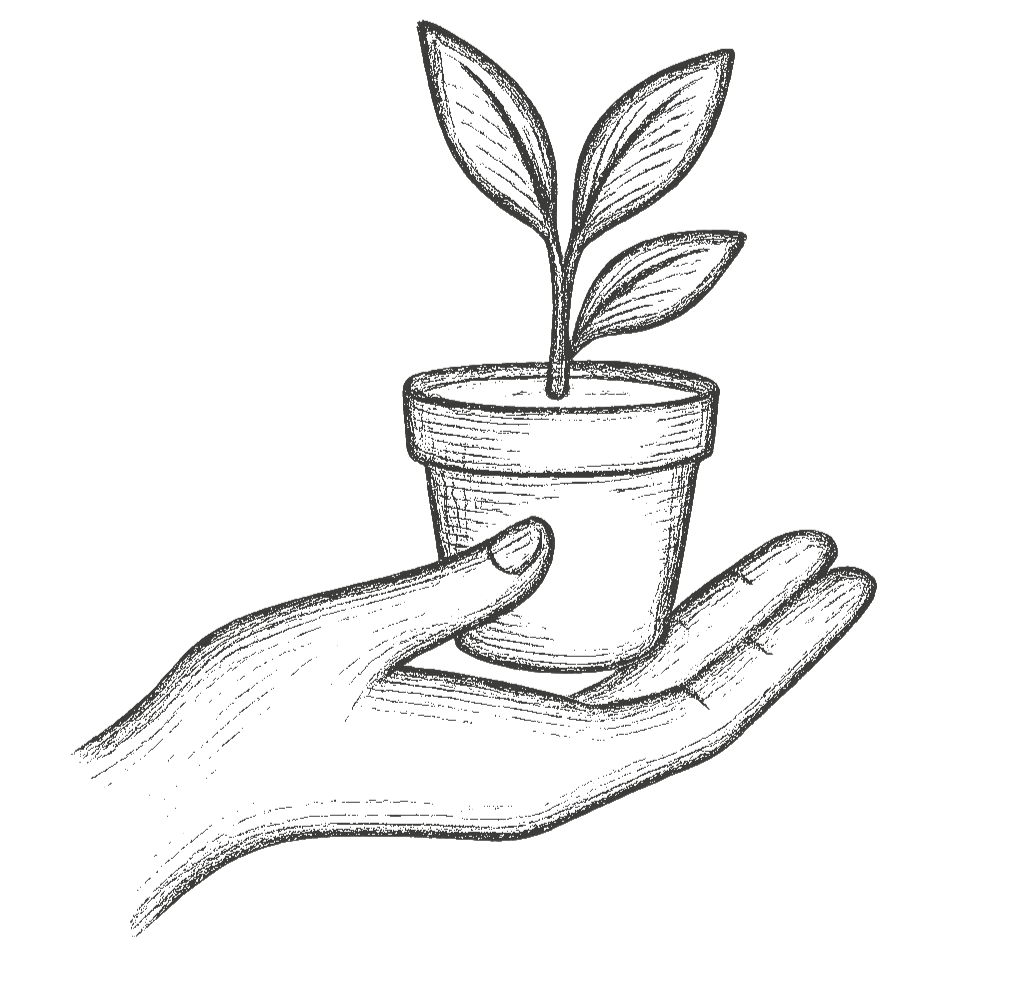 Black and white illustration of a hand holding out a small potted plant with three leaves