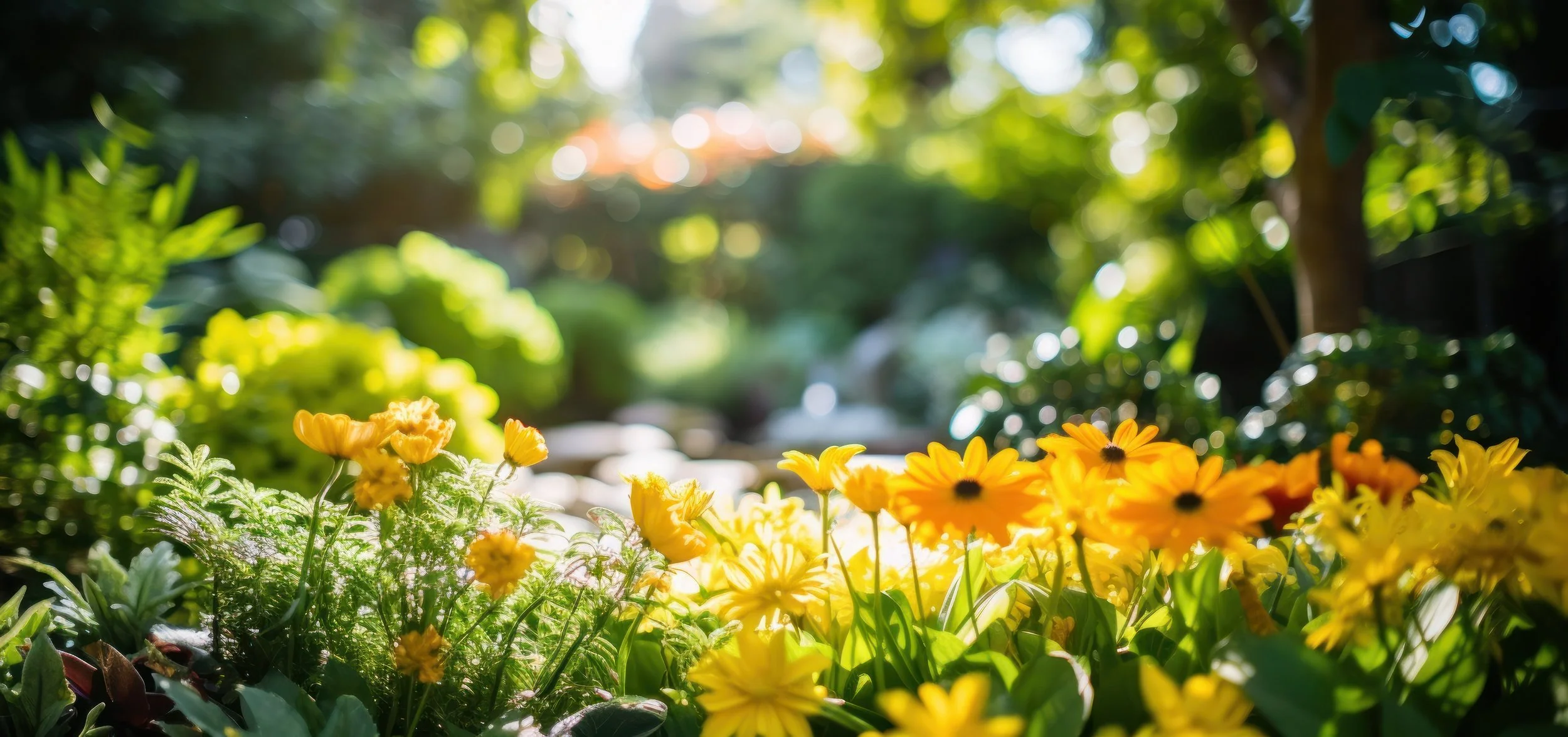 Yellow flowers blooming in a sunny garden with greenery and trees in the background.