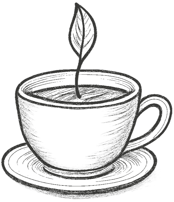 Black and white illustration of a full teacup with a saucer, with a leaf-shaped stirrer.