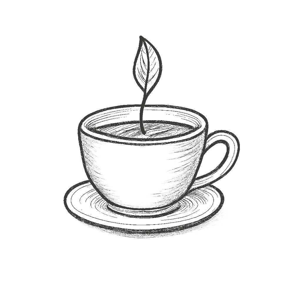 Black and white illustration of a full teacup with a saucer, with a leaf-shaped stirrer.