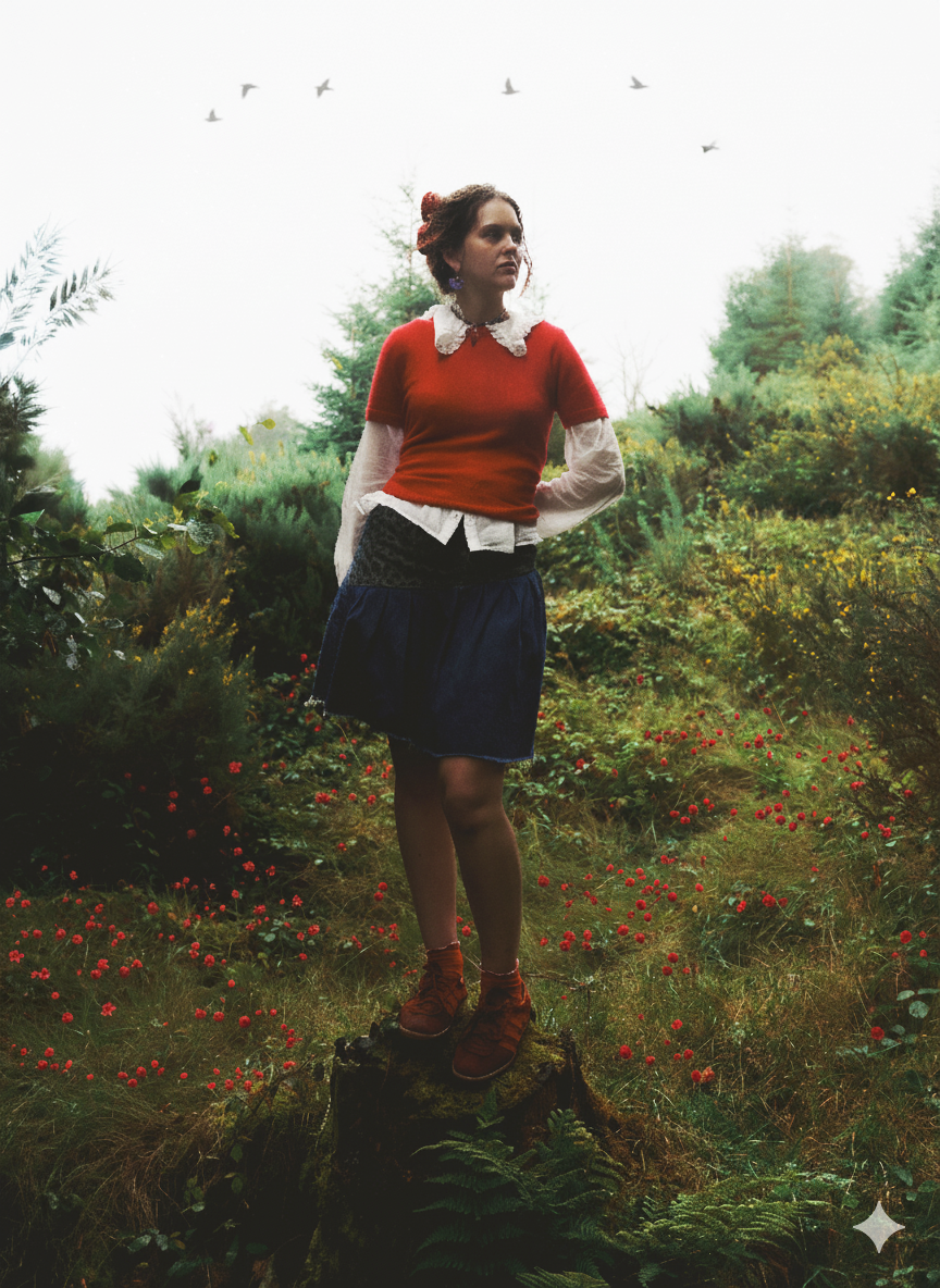 A woman standing on a mossy tree stump in a lush garden, wearing a layered outfit with a red short-sleeved sweater over a white blouse, a navy skirt, reddish-brown shoes, and a red hair accessory. She is surrounded by green foliage and small red flow