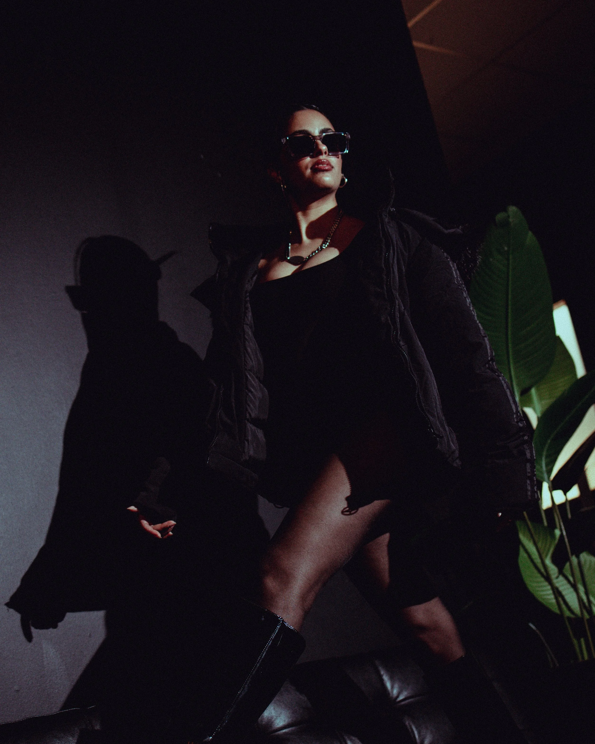 A woman wearing sunglasses, a black top, black jacket, and jewelry posing confidently against a dark background with a large green plant nearby.