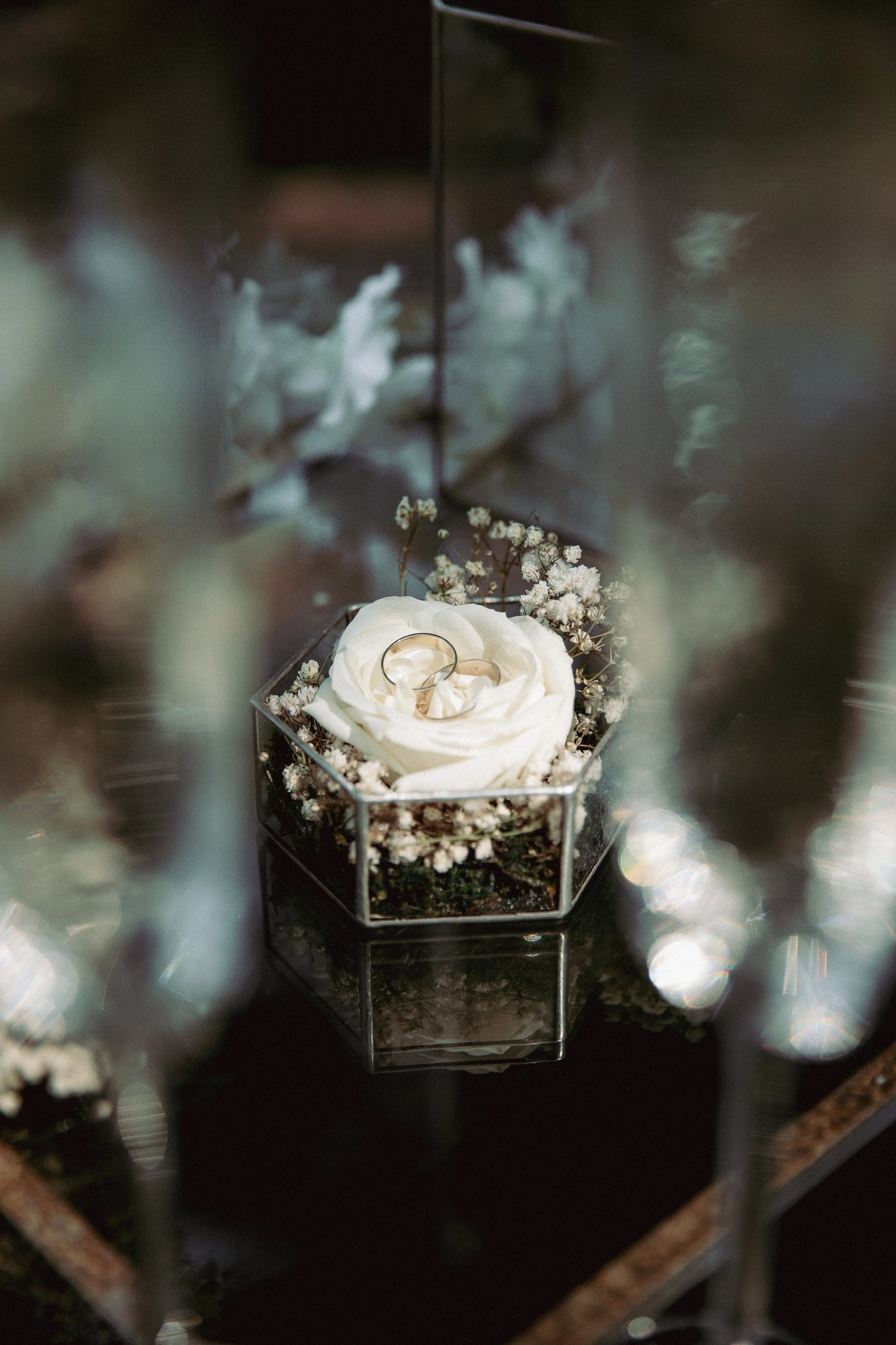 Gold wedding rings displayed inside a glass box with white flowers, placed on a reflective surface.