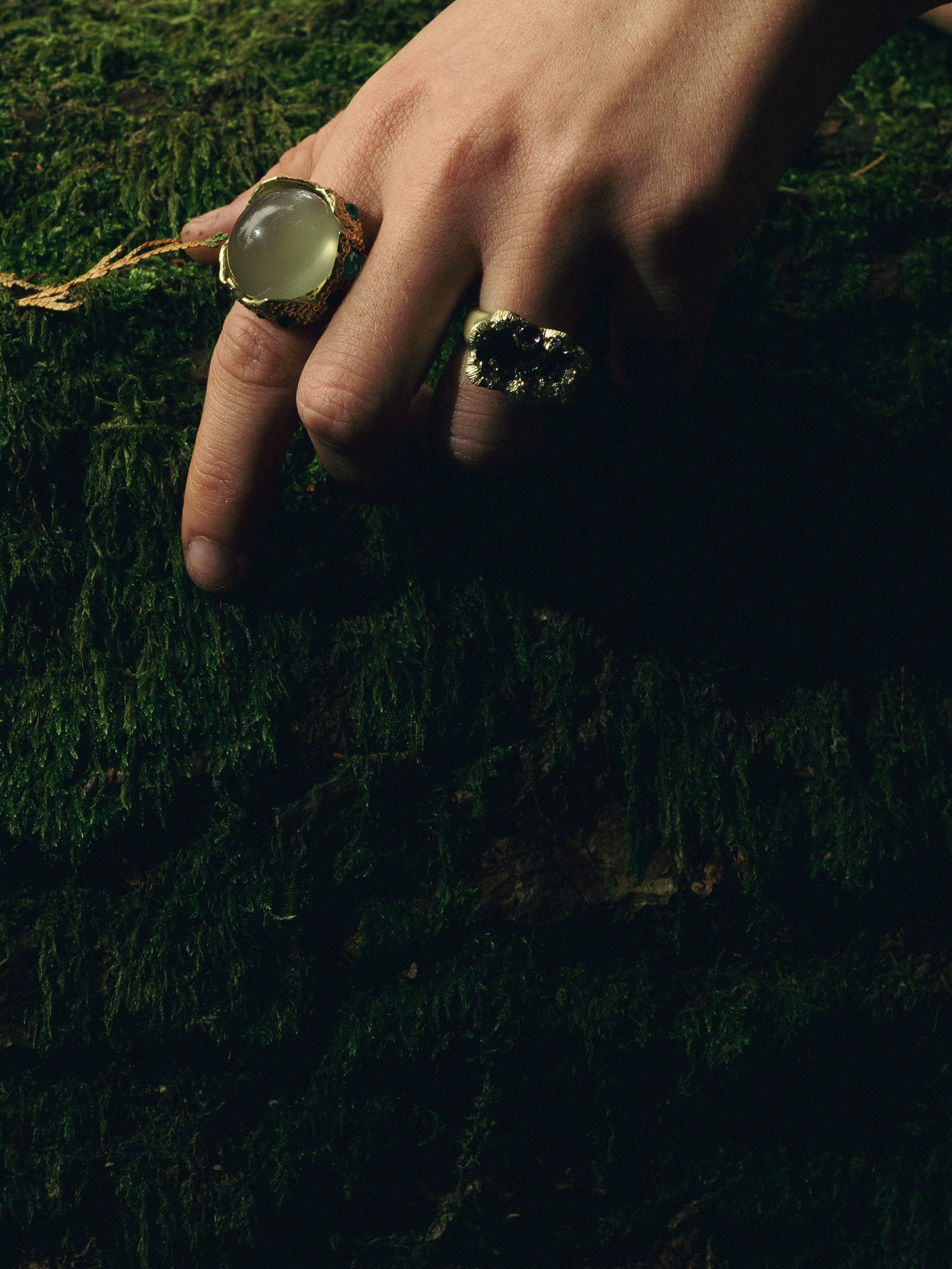 Close-up of a hand with two rings on fingers, resting on a mossy surface.