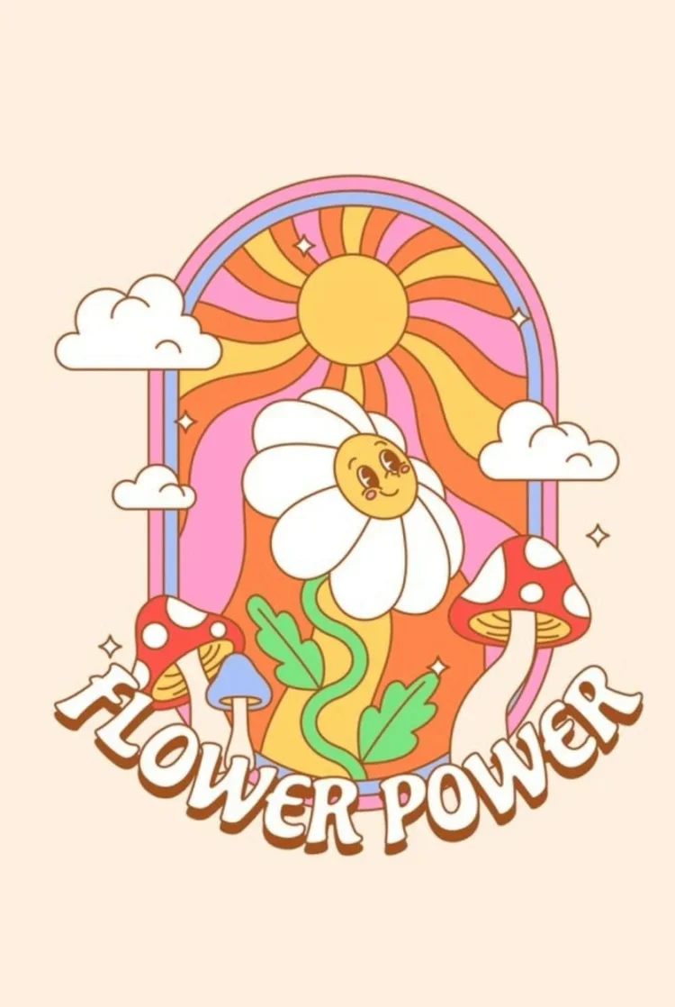 A colorful cartoon illustration featuring a smiling sunflower with a face, surrounded by mushrooms, clouds, and a rainbow with a sun. The text 'Flower Power' is written at the bottom in bold letters.
