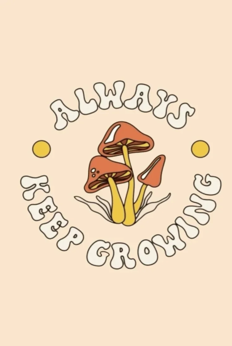 A graphic illustration of two mushrooms with yellow stems and brown caps, surrounded by the text 'ALWAYS DEEPER GROWING' in a wavy, bubble-like font, with two yellow circles on either side.
