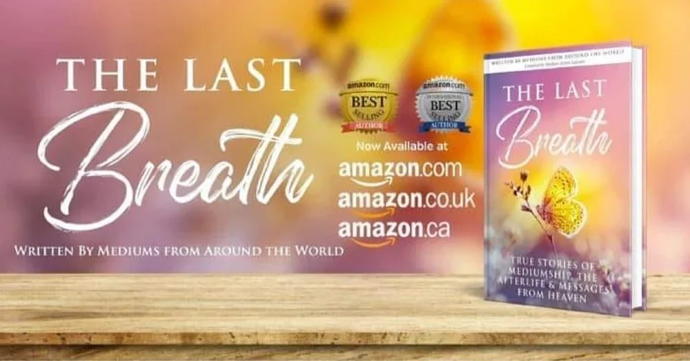 Cover of a book titled 'The Last Breath' with a yellow butterfly and watercolor background, and an advertisement for the book available on Amazon websites.
