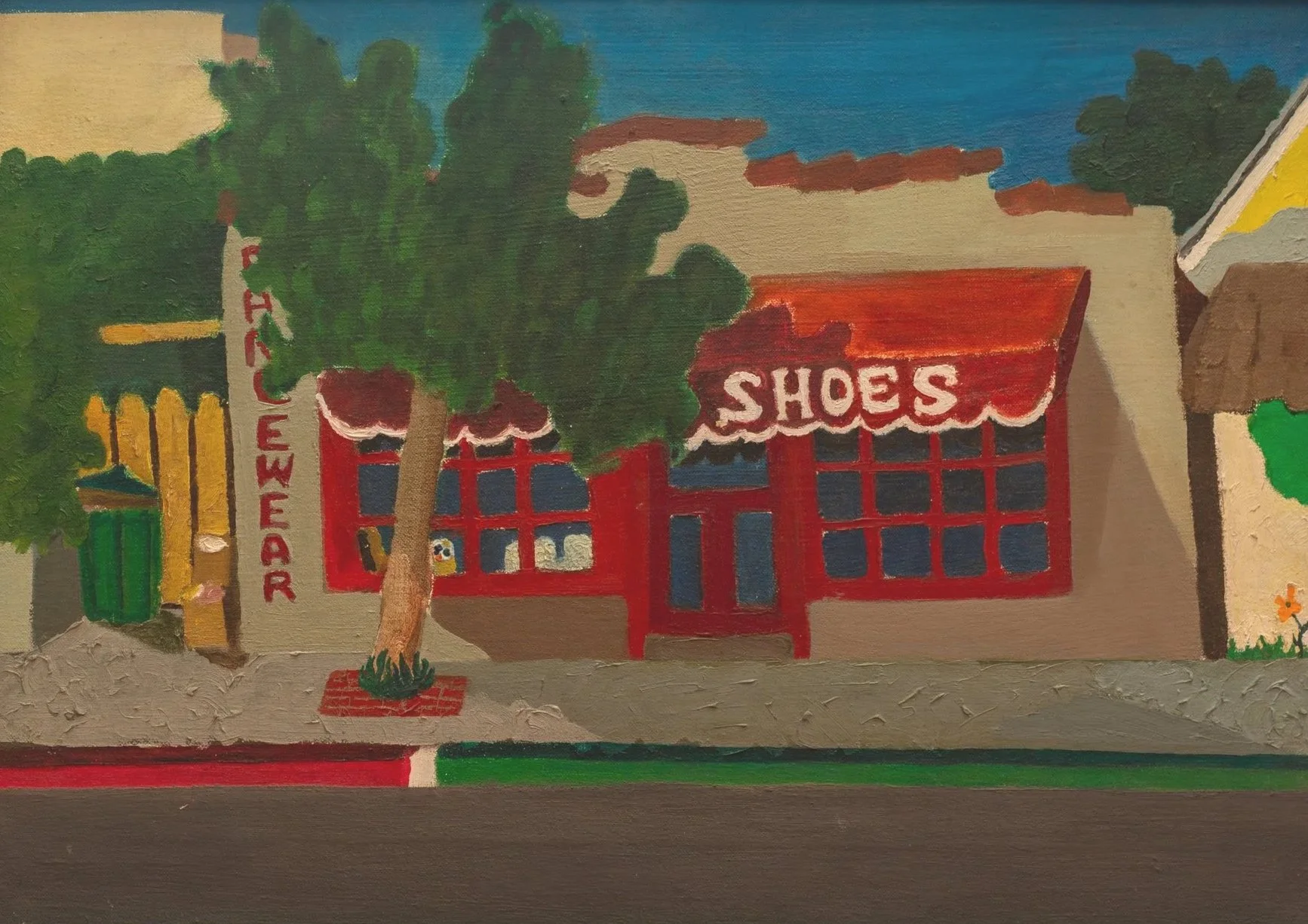 A painted mural of a shoe store with a red sign that says 'SHOES' in white letters, a separate vertical sign that says 'NEW ARRIVAL,' a large green tree in front, and parts of other storefronts beside it.