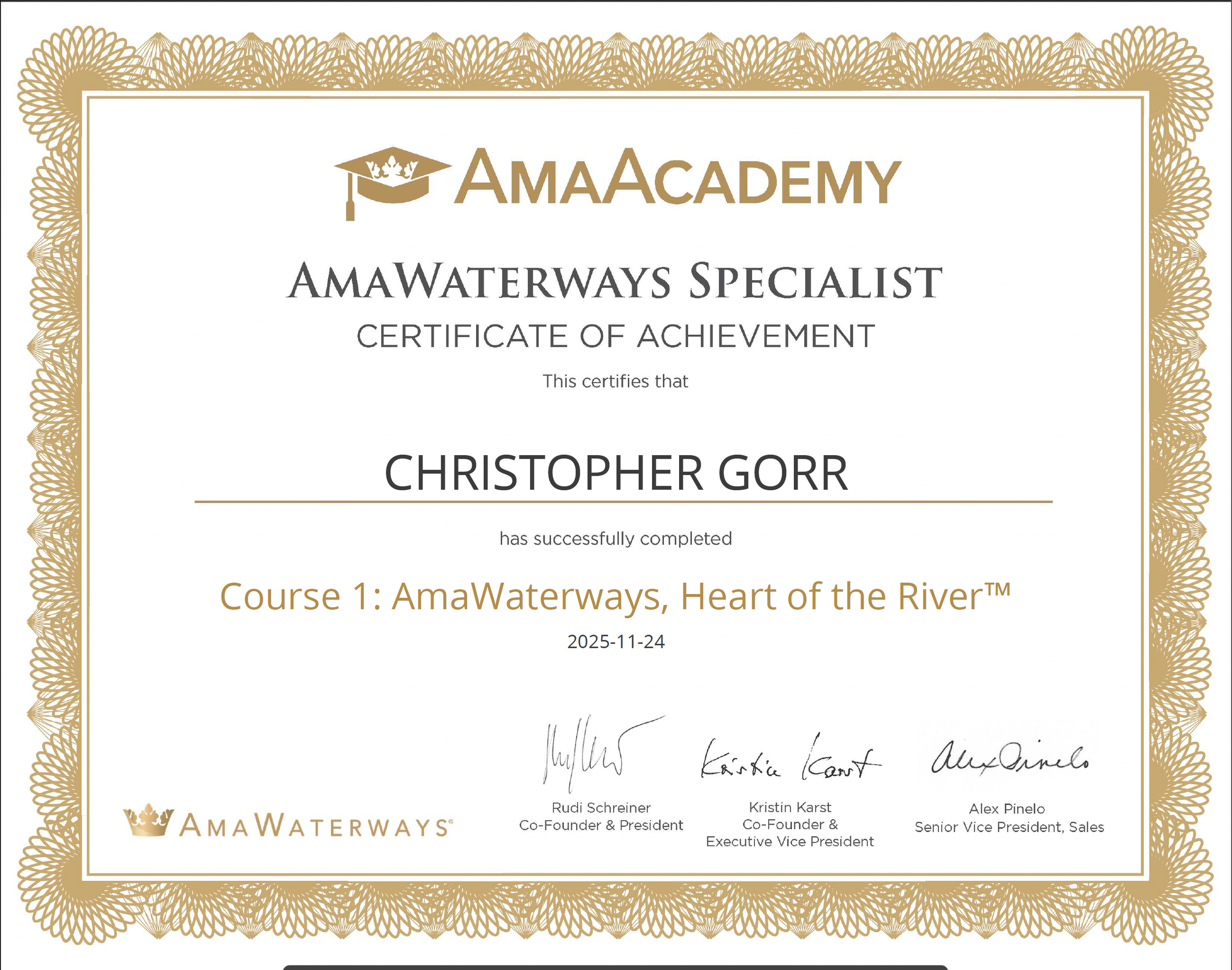Certificate of achievement from AmaWaterways awarded to Christopher Gorr for completing a course titled "AmaWaterways, Heart of the River", dated November 24, 2025, with signatures from Rudi Schreiner, Kristin Karst, and Alex Pinelo.