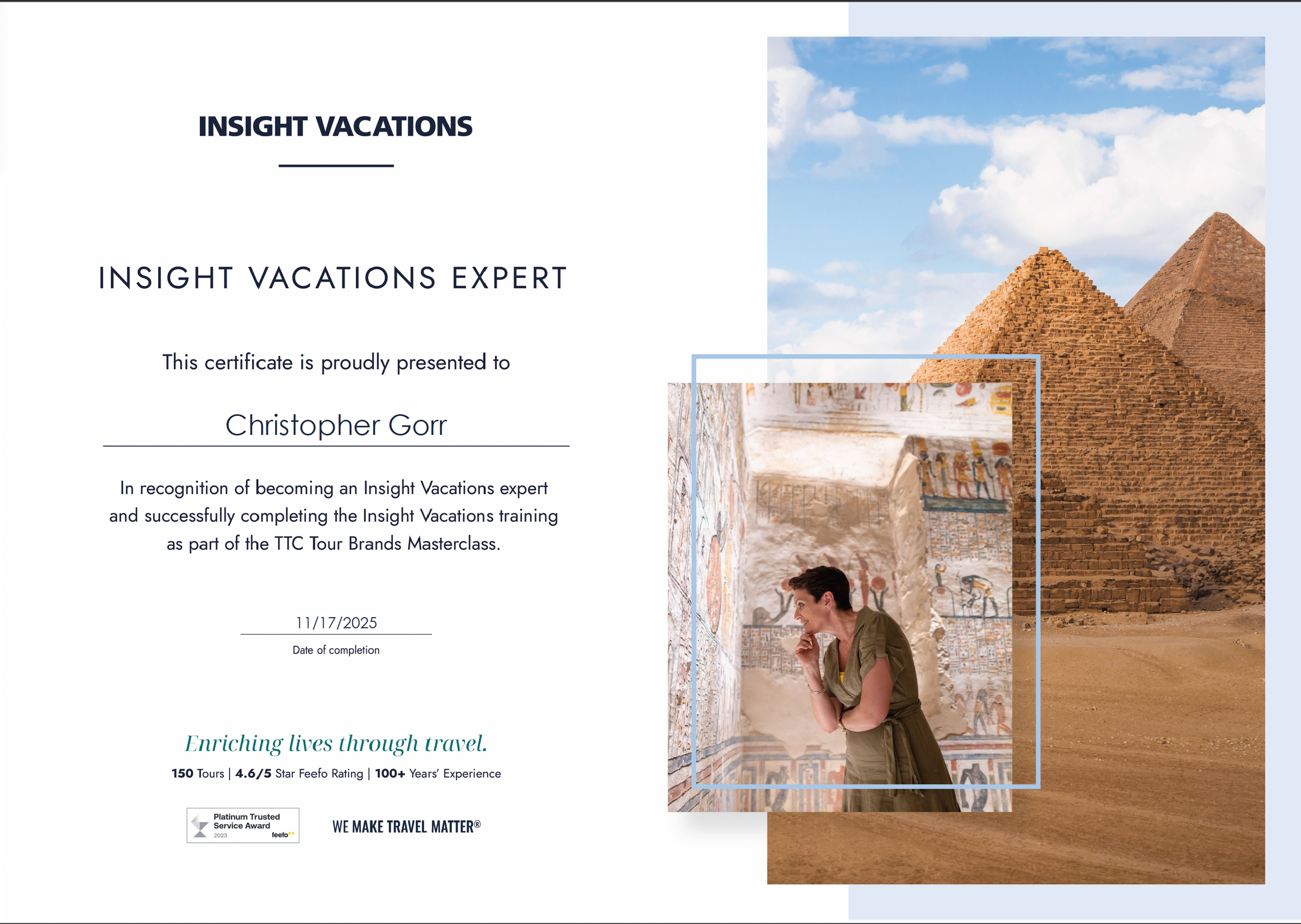Certificate of achievement awarded to Christopher Gorr for completing an Insight Vacations training, featuring images of Egyptian pyramids and a woman examining ancient Egyptian murals.
