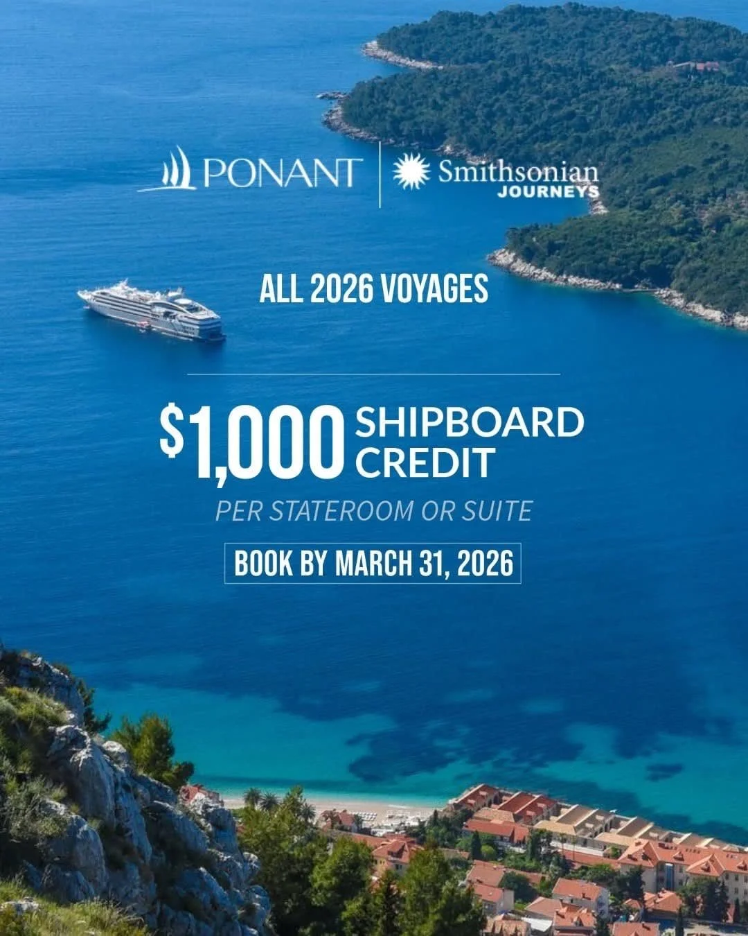 Enjoy a $1,000 Shipboard Credit on all PONANT EXPLORATIONS' 2026 voyages in alliance with Smithsonian Journeys. 

Contact me today for more details.

#acahomebasedagencynetwork