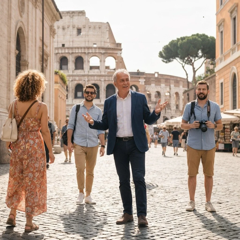 A tour guide speaking to a group of tourists in Rome, Italy, with the Colosseum in the background.