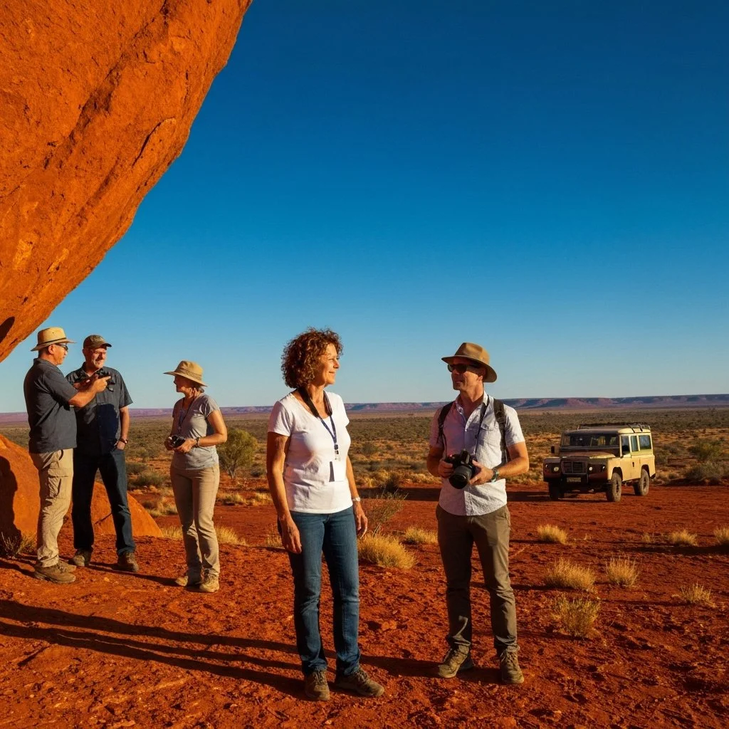 Group of five tourists in desert with red rocks, two women and three men, some taking photos, one man holds a camera, a beige off-road vehicle in background, clear blue sky.