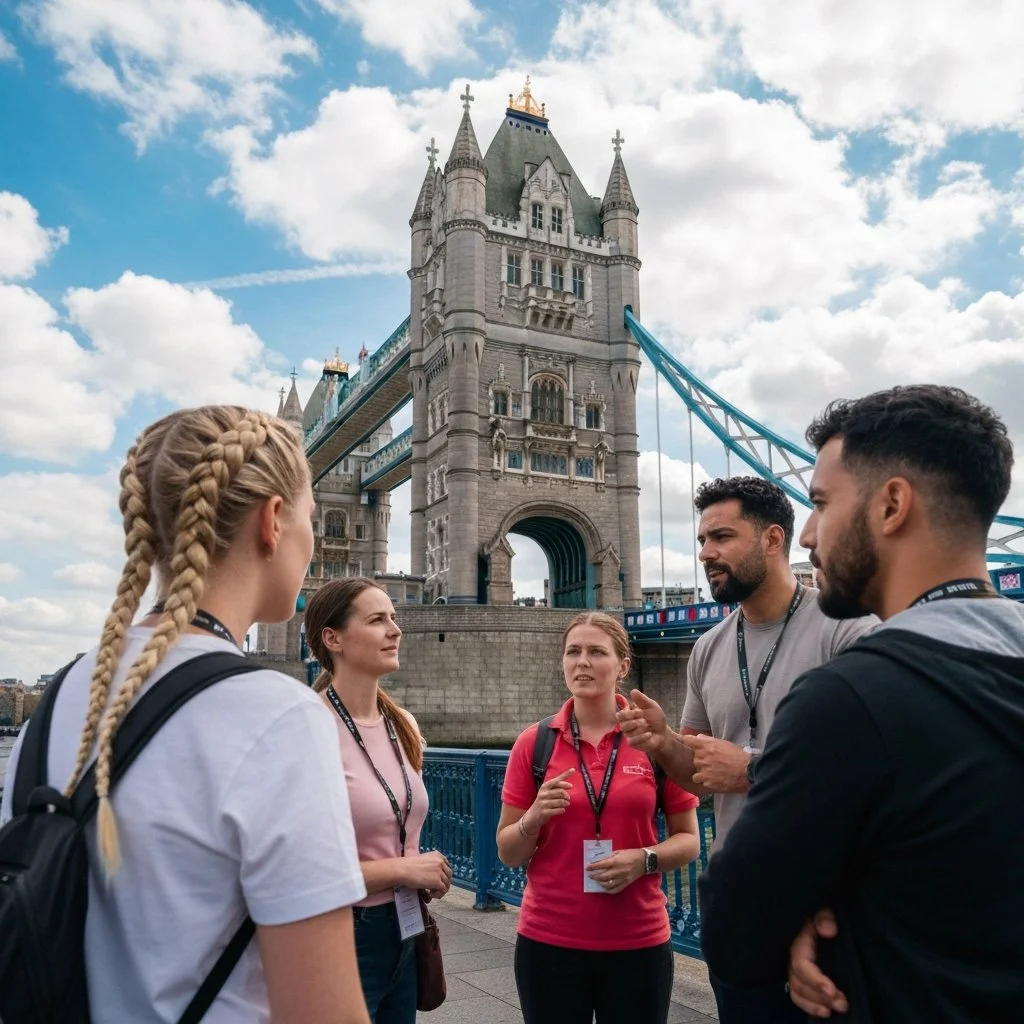 Group of five people discussing near Tower Bridge in London, with the bridge's towers and blue suspension cables visible under a partly cloudy sky.