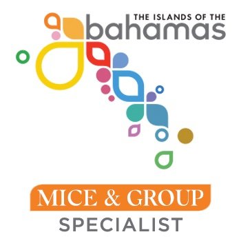 Logo with colorful shapes representing the Bahamas, text reading 'The Islands of the Bahamas,' and a banner saying 'MICE & GROUP Specialist.'