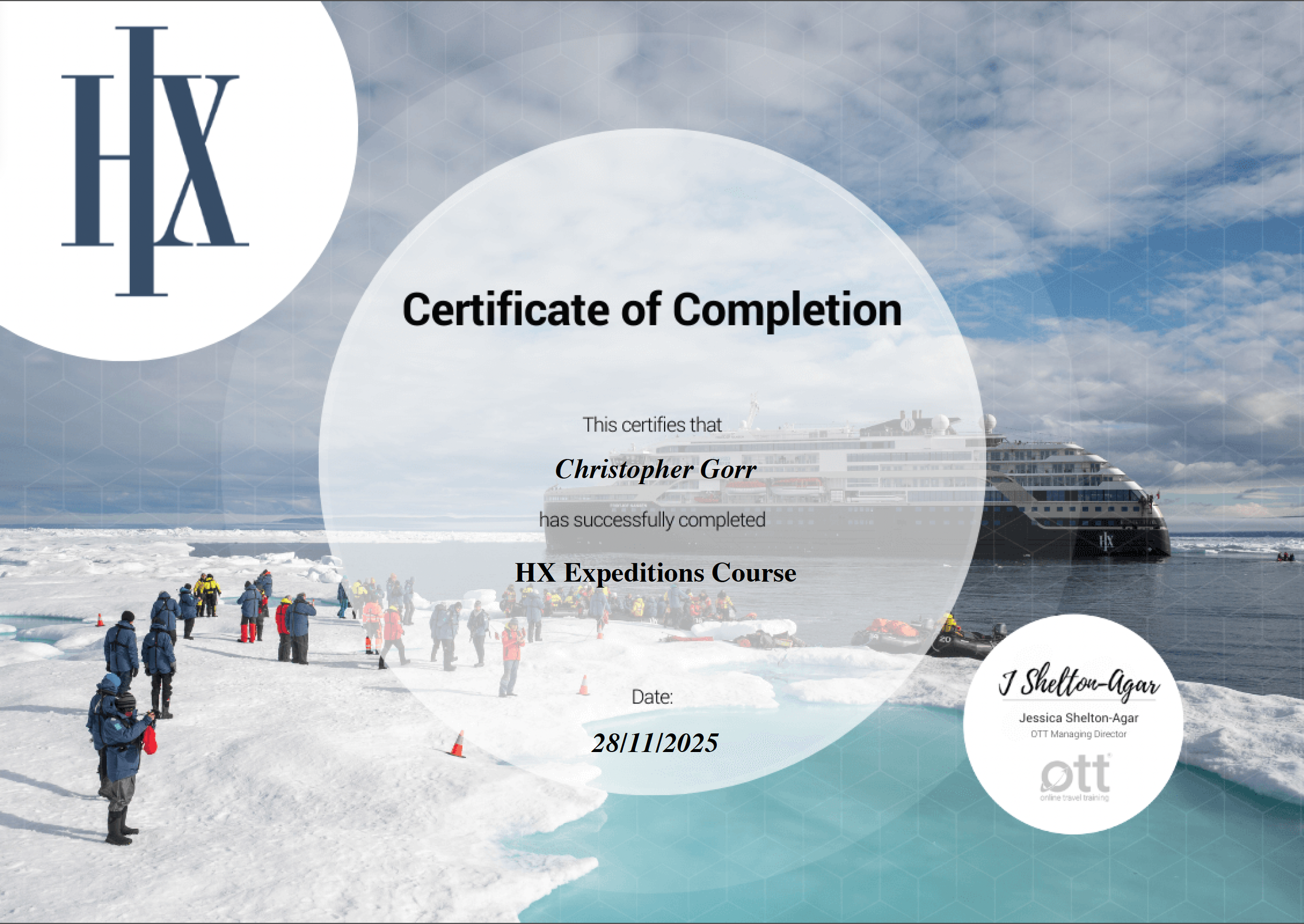 Certificate of Completion awarded to Christopher Gorr for the HX Expeditions Course, dated 28/11/2025, with background of a polar expedition and icebreaker ship.