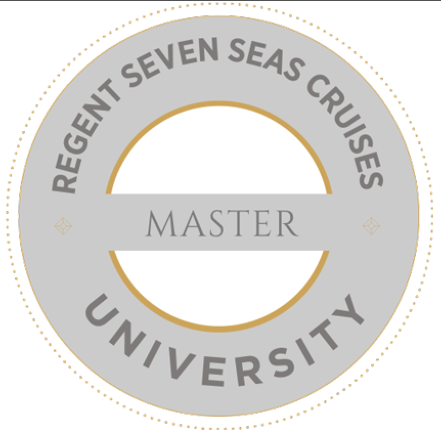 Circular badge with gray, gold, and white colors displaying the text: 'Resgent Seven Seas Cruises University' around the outer edge, and 'Master' in the center.