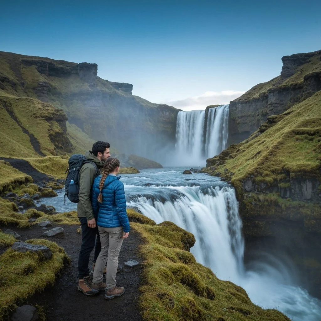 A man and a woman standing on a mossy riverbank, looking at a large waterfall in a green canyon landscape.