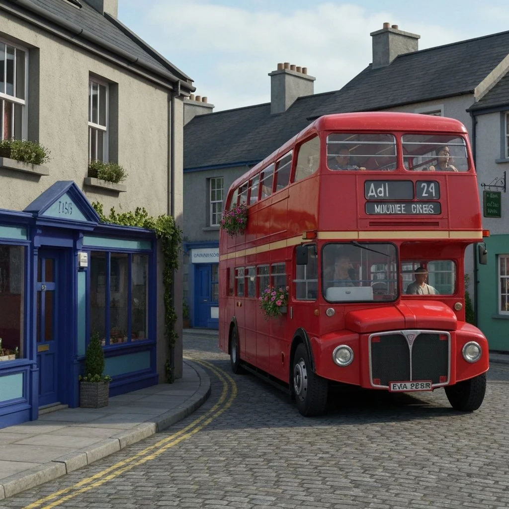 A red double-decker bus parked on a cobblestone street in a town with gray buildings and storefronts, and a blue shop with a sign that reads "Tiss". The bus has route sign indicating "Adl 24" and destination "Mughee Cnes".