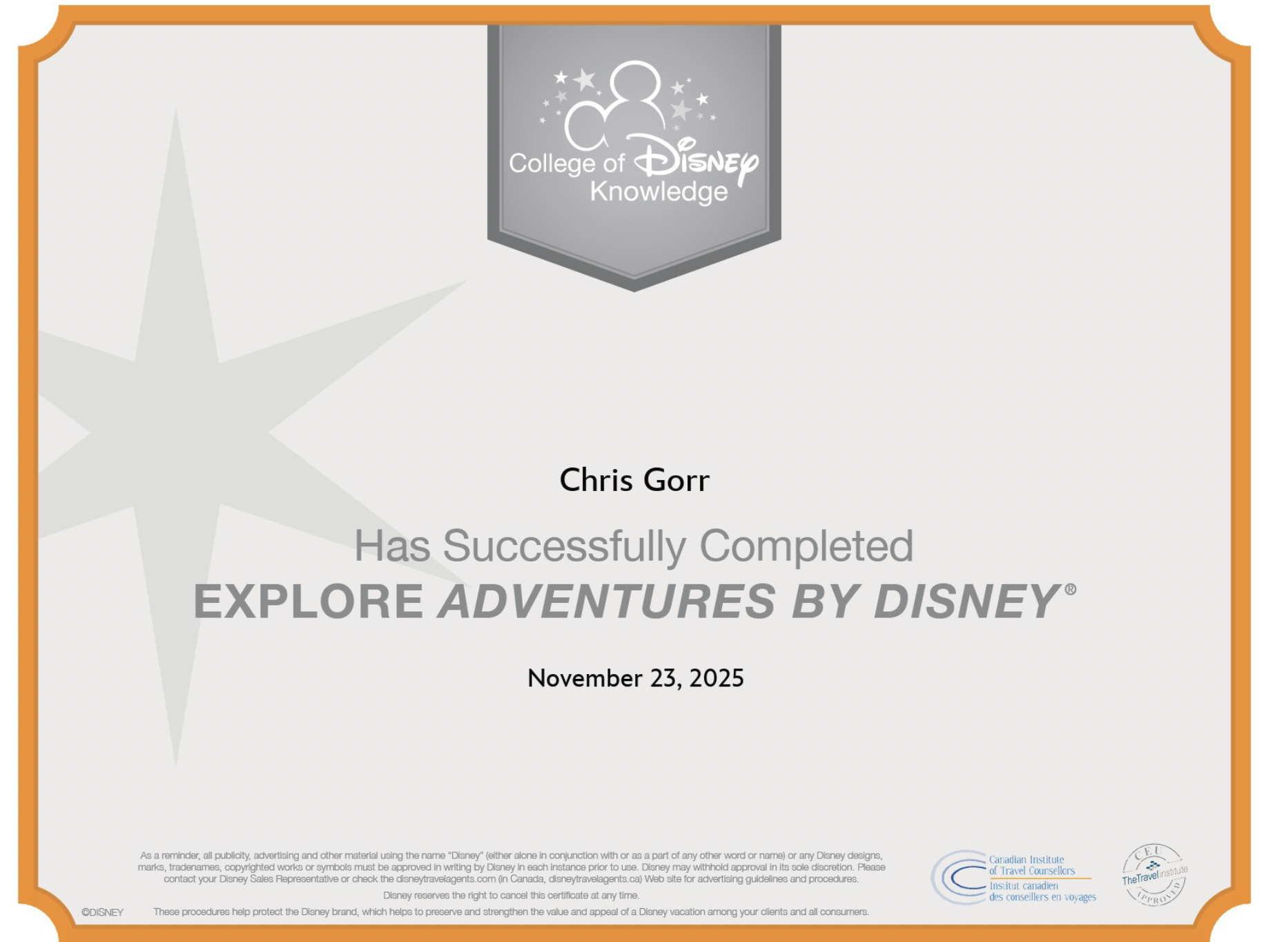 Certificate of completion for Chris Gorr for exploring adventures by Disney, issued on November 23, 2025, with Disney branding and logos.