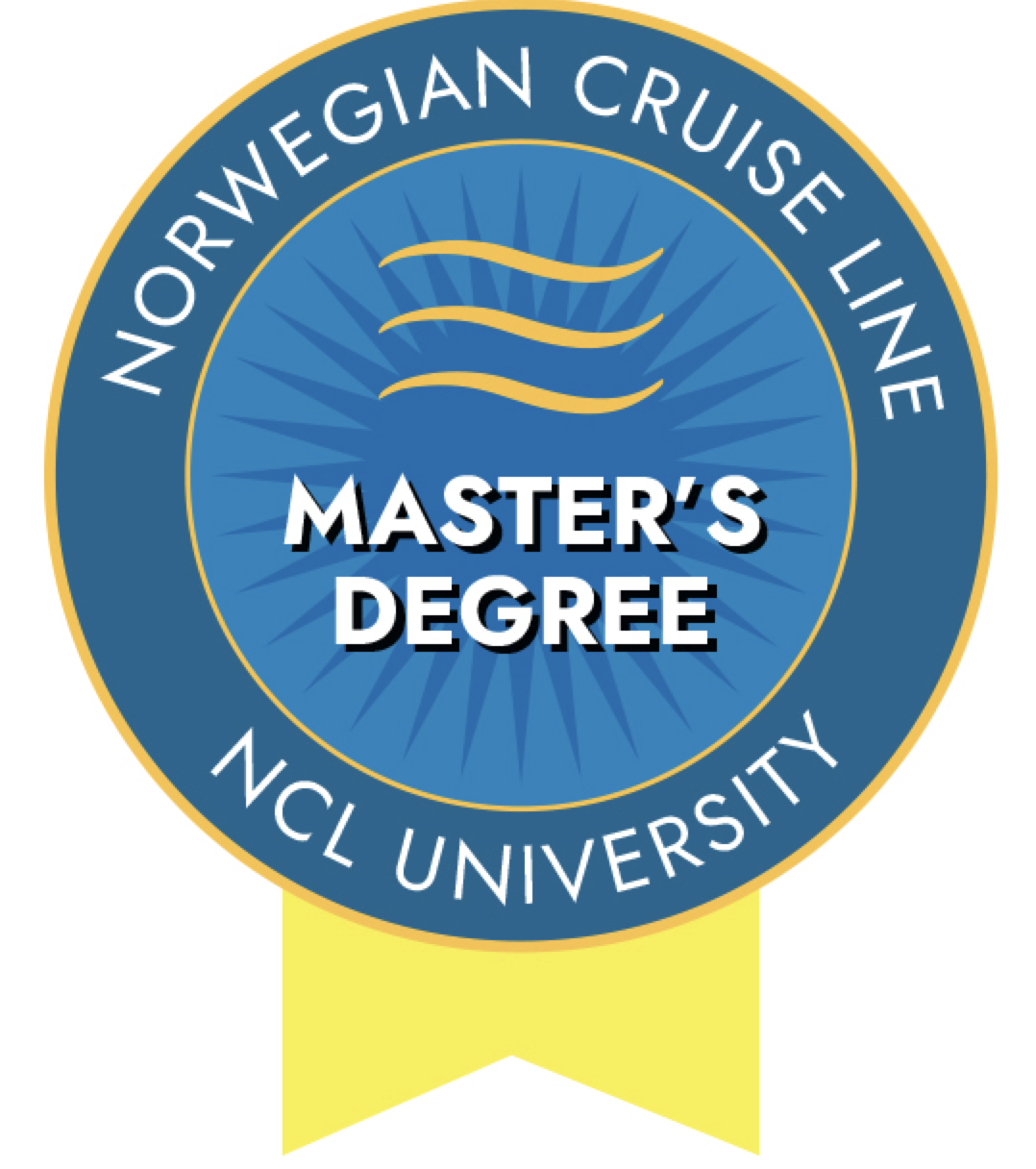 Blue circular badge for Norfolk Coastal Line with yellow accents, featuring text 'Master's Degree' at the center, with stylized waves above and the words 'Norwegian Cruise Line' and 'NCL University' around the circumference.