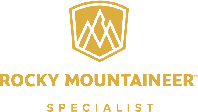 Rocky Mountaineer logo with a mountain and shield design, and the words 'Rocky Mountaineer Specialist' in gold and black.