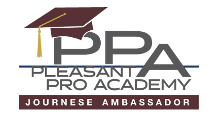 Logo for Pleasant Pro Academy featuring a graduation cap, the acronym PPA, the full name, and a banner indicating Journease Ambassador.