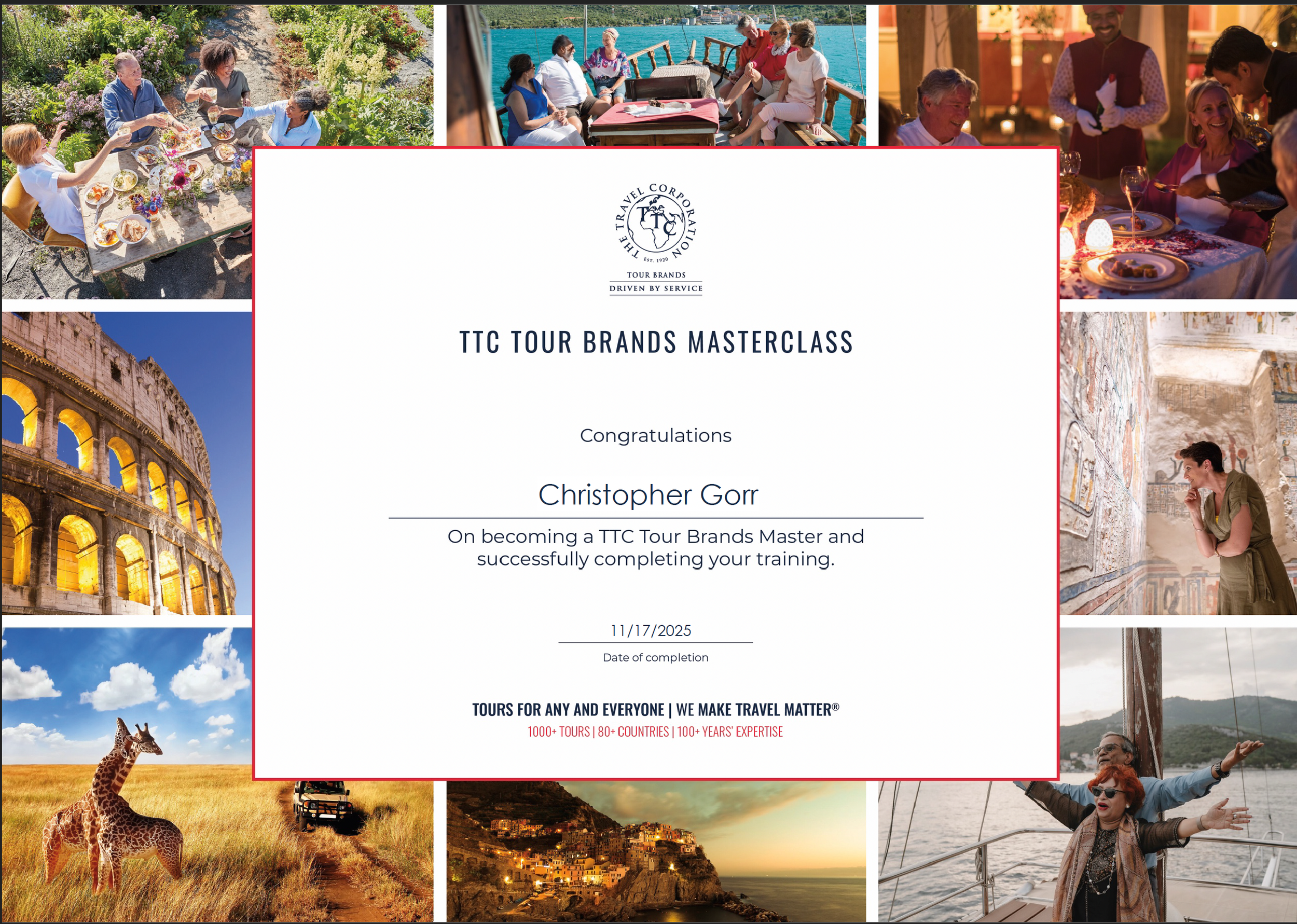 Certificate for TTC Tour Brands Masterclass positioned amidst a collage of travel-related images, including people dining outdoors, on a boat, visiting historical sites, and scenic landscapes.