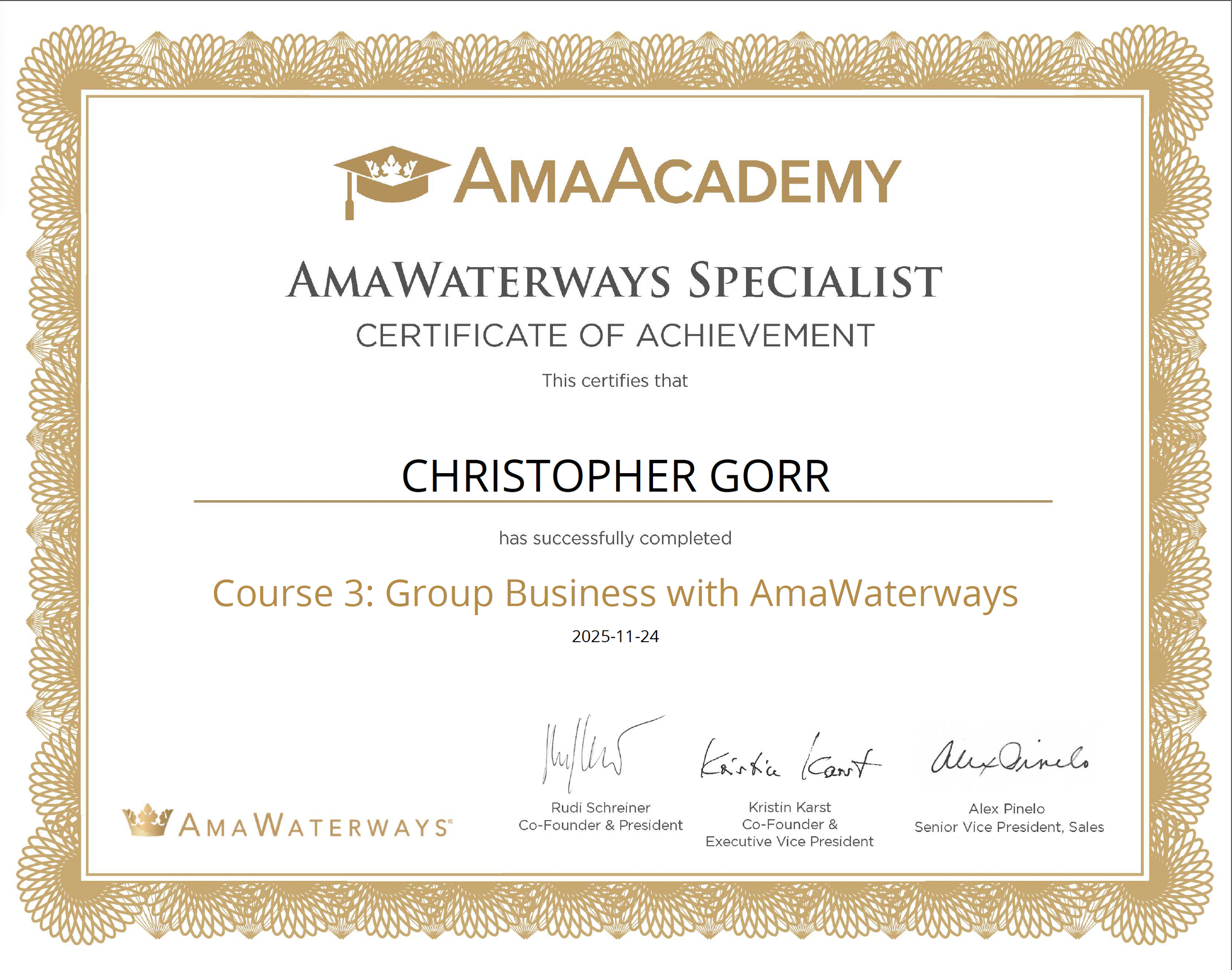 Certificate of achievement issued by AmaWaterways for Christopher Gorr, completing Course 3: Group Business with AmaWaterways, dated November 24, 2025.