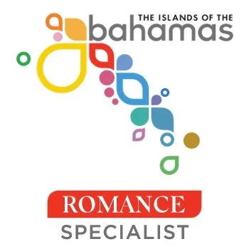 Logo for the Bahamas with colorful abstract map and text 'The Islands of the Bahamas', and a red banner that reads 'Romance Specialist'.