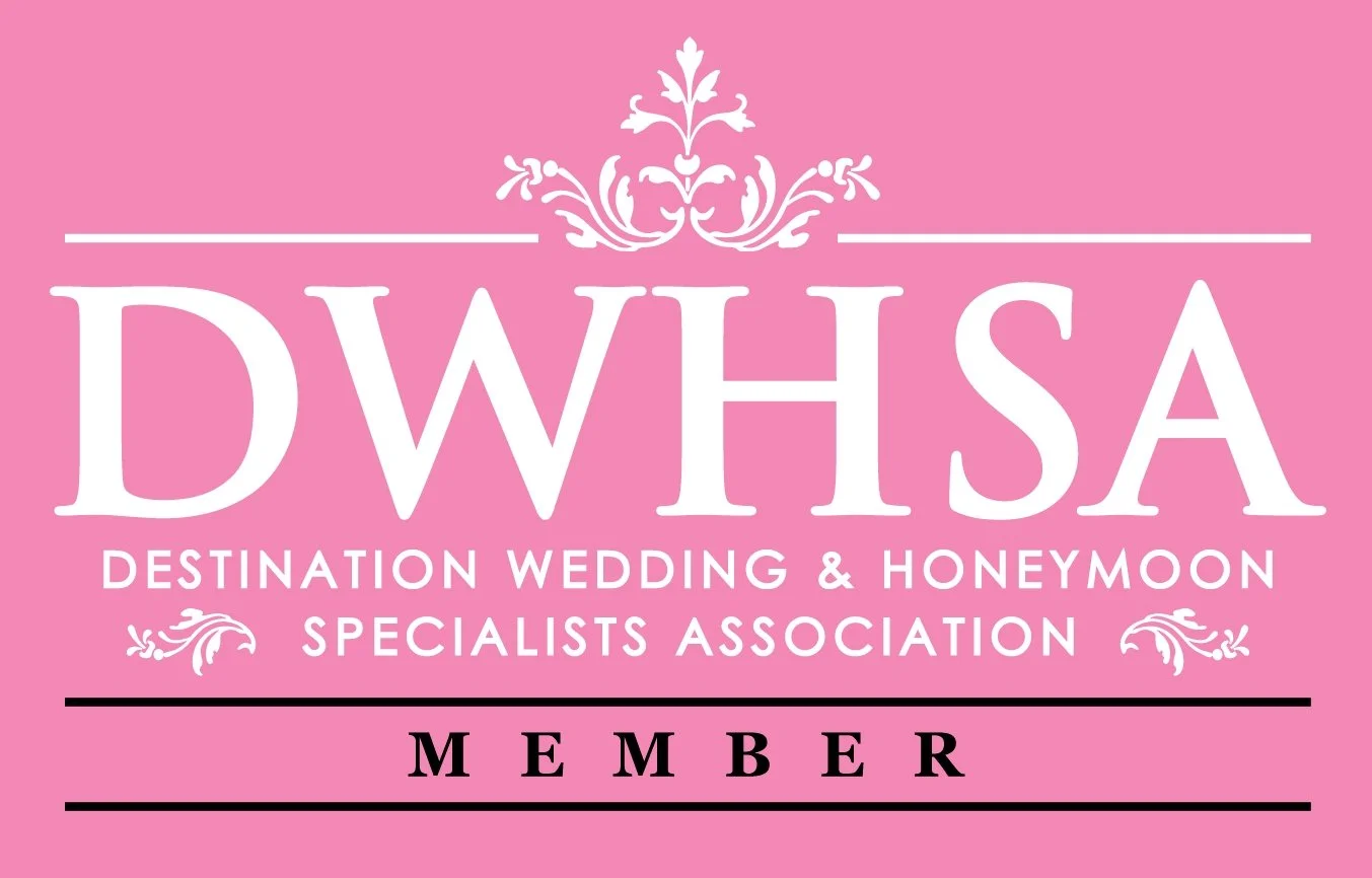 Pink membership card for the Destination Wedding & Honeymoon Specialists Association (DWHSA) with decorative design, white text, and black underline.