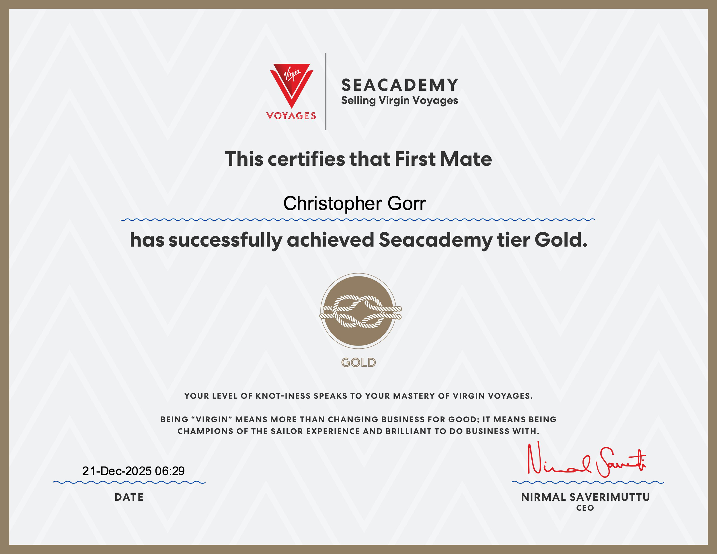 Certificate from Seacademy for Christopher Gorr, awarded the tier Gold for Virgin Voyages, signed by Nirmal Saverimuttu, with date December 21, 2025, at 6:29.