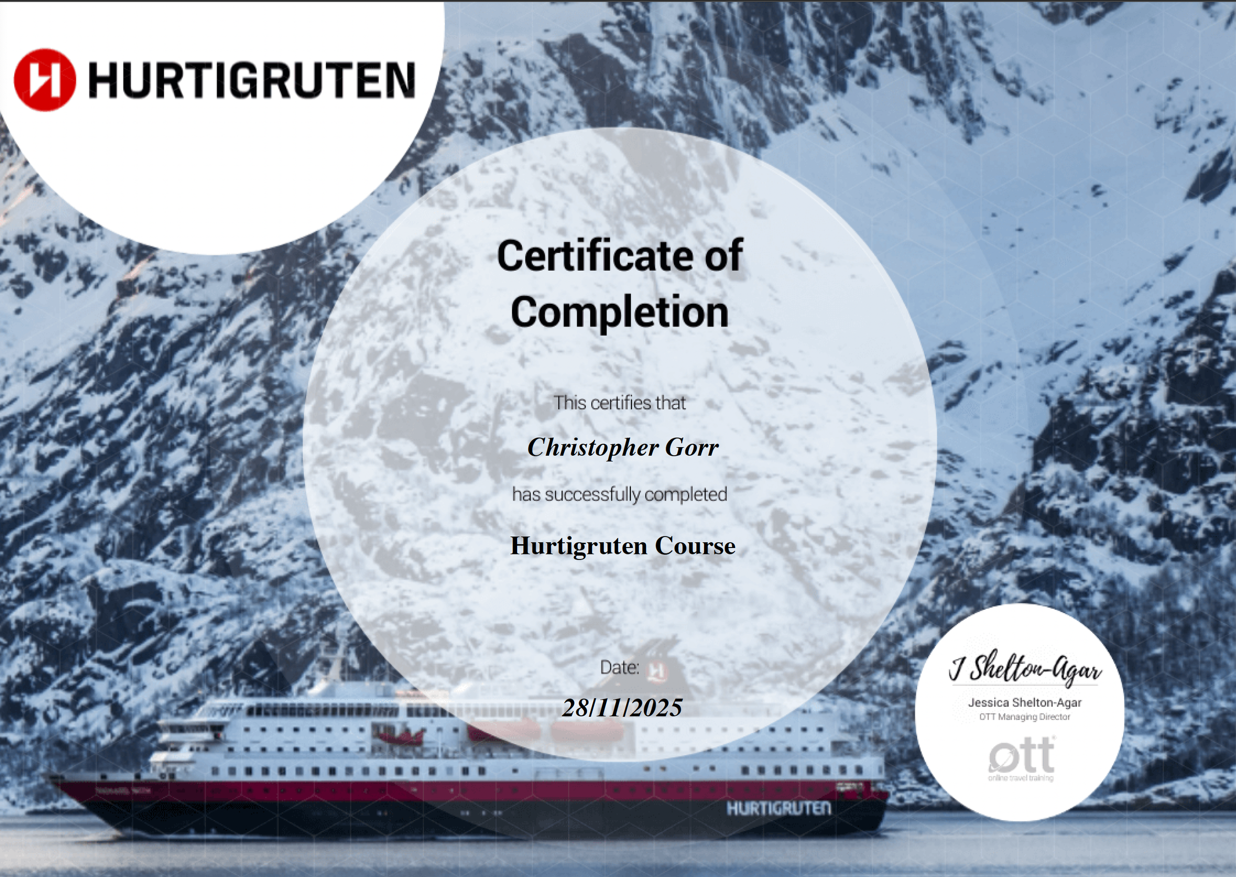 Certificate of completion featuring a snowy mountain background with a cruise ship at the water's edge, corporate logos, and recipient details.