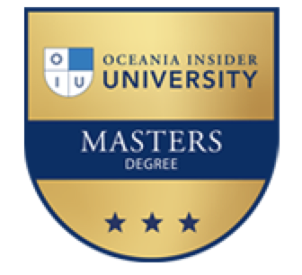 Oceania Insider University Masters Degree emblem with a gold and blue shield, three stars at the bottom, and the university's logo at the top.