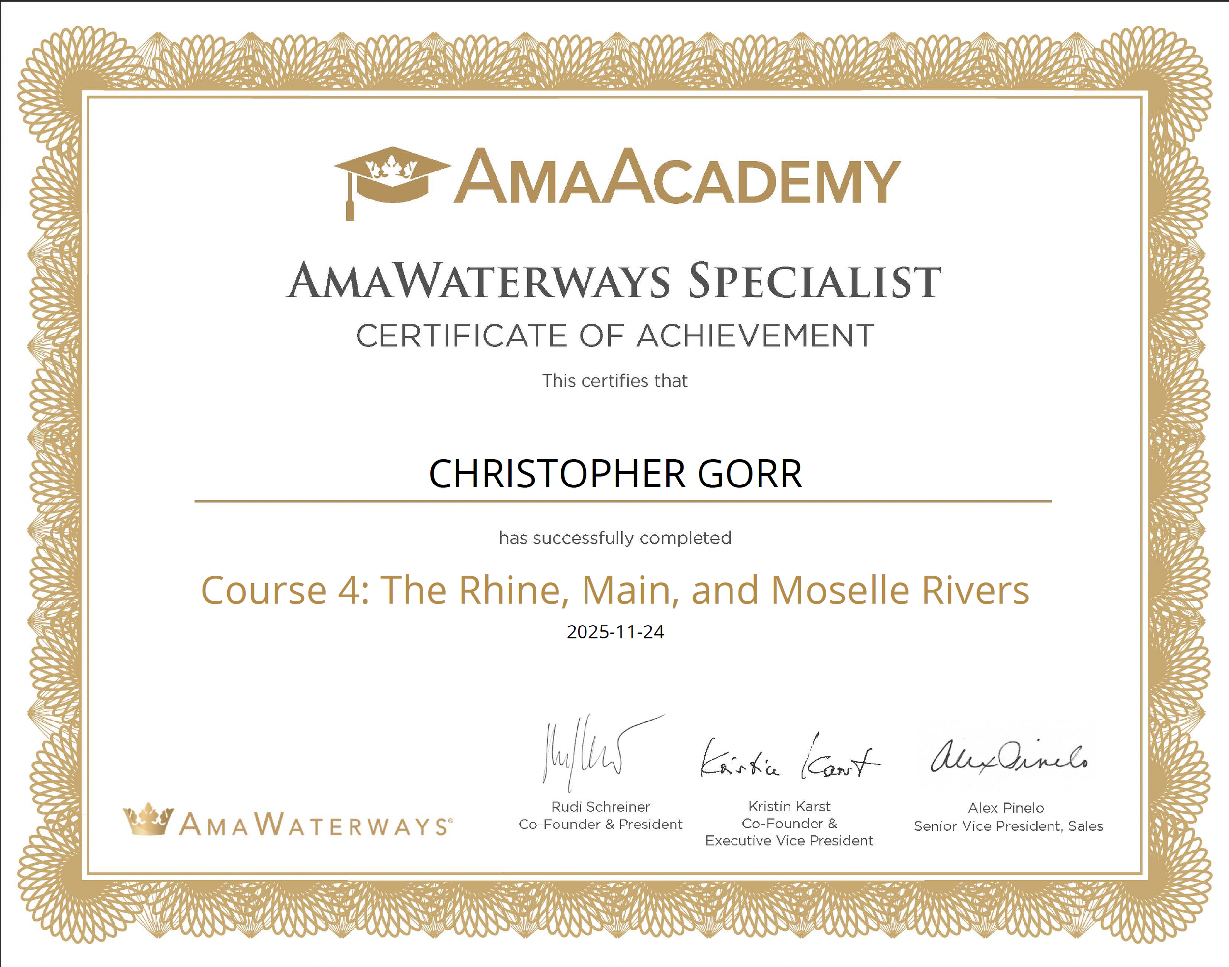 Certificate of achievement from AmaWaterways for Christopher Gorr, completed Course 4: The Rhine, Main, and Moselle Rivers, dated November 24, 2025, with signatures and a decorative gold border.