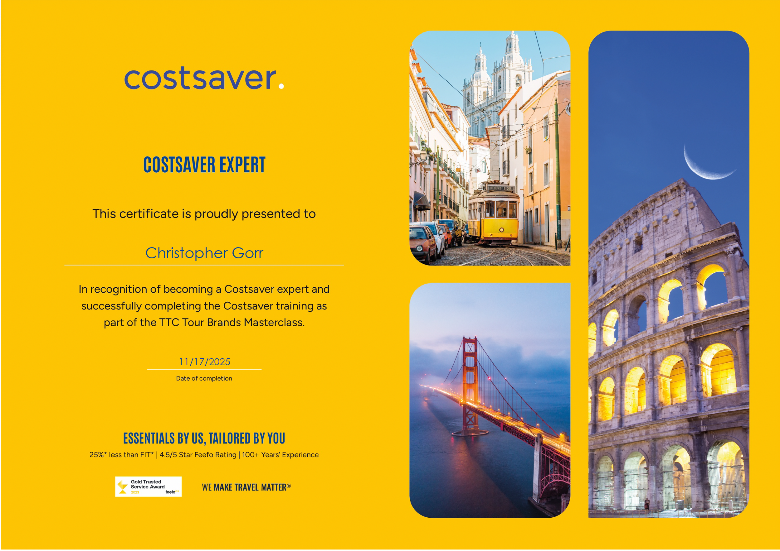 Certificate with a yellow background and three travel destination photos showing a city street with a tram, a bridge at sunset, and an ancient amphitheater with a moonlit sky.