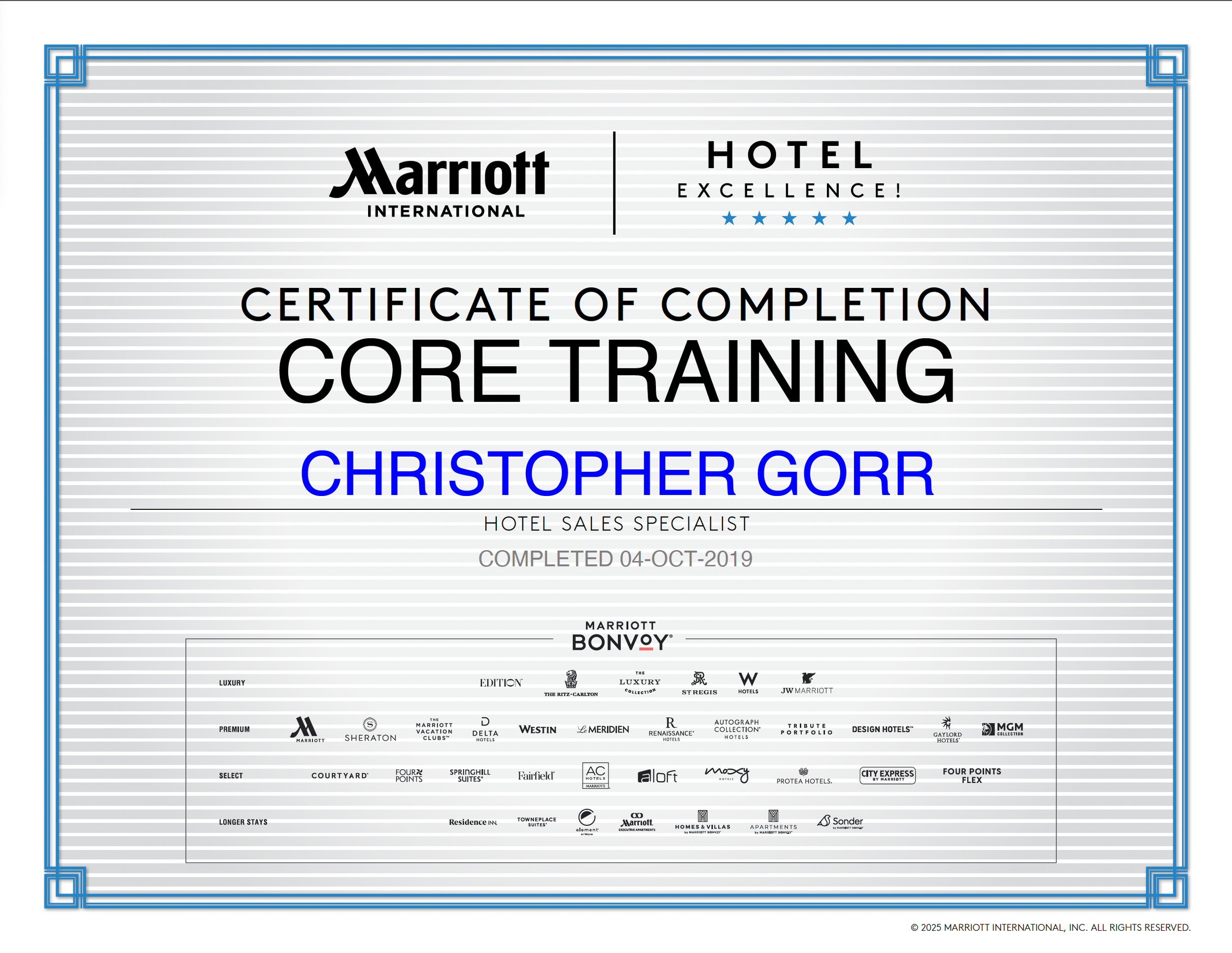 Certificate of completion for core training awarded to Christopher Gorr, issued by Marriott International hotel group, with logos of various Marriott hotel brands at the bottom.