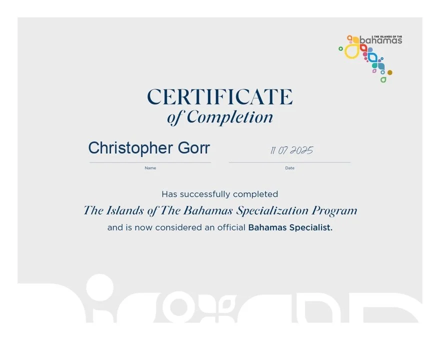 Certificate of completion from the Bahamas Islands, awarded to Christopher Gorr for completing The Islands of The Bahamas Specialization Program.