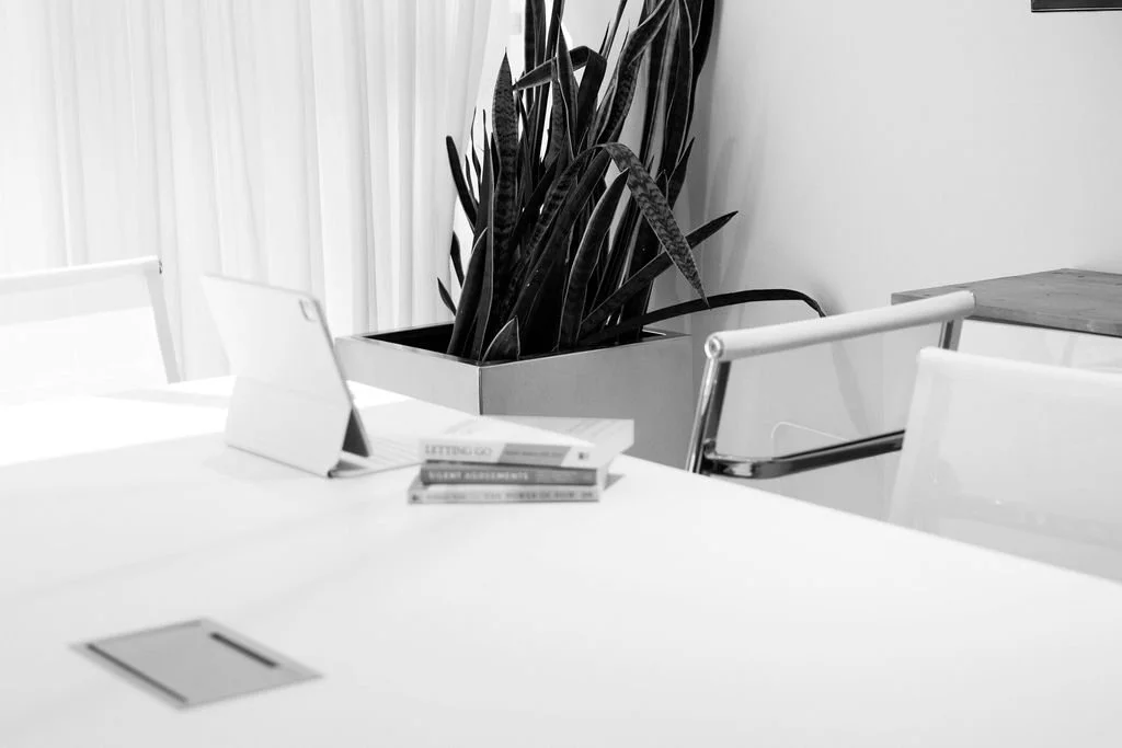 Black and white photo of a modern conference room with a large white table, a stack of books, a tablet, and a tall potted plant.