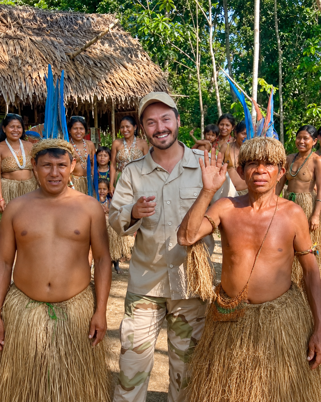 A group of indigenous people wearing traditional grass skirts and headdresses, gathered with a smiling man in camouflage clothing, in a tropical setting with thatched huts and green foliage.